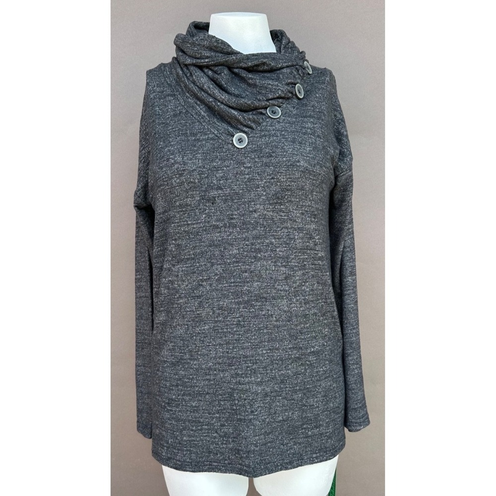 Cowl Neck Long Sleeve Pullover Tunic Top M Gray Button Accents NEW WITH TAGS